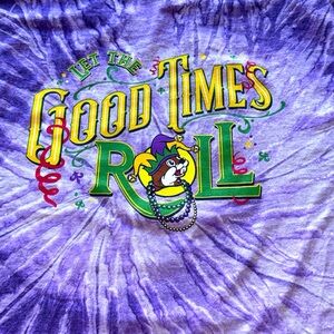 Buc-ee's Size Large "Let The Good Times Roll" Purple Tie Dye Mardi Gras Tee